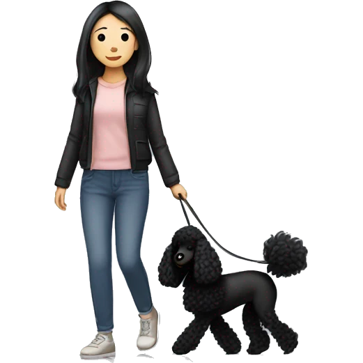 One Korean girl with black long straight hair with one medium black poodle is walking. emoji