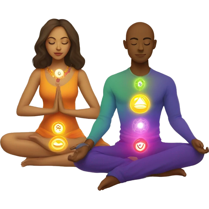 Light skin Man and woman lovers with 7 chakra symbols meditating emoji