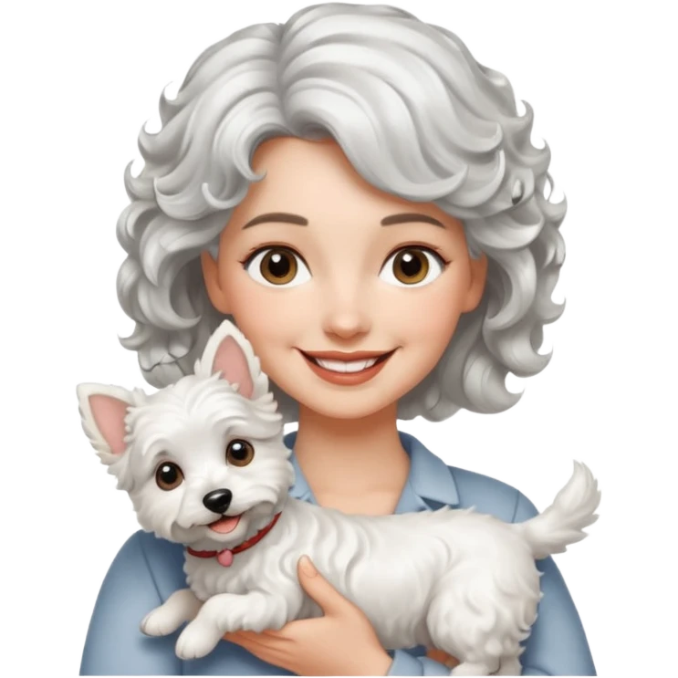 silver, short, wavy-haired with loose curls, smiling pretty lady holding a westie dog emoji