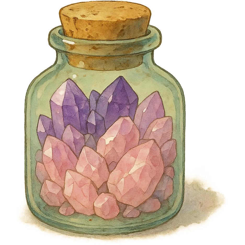 amethyst and rose quartz crystal pieces in a jar, natural colors, soft, fairy-like atmosphere, no background, square size emoji