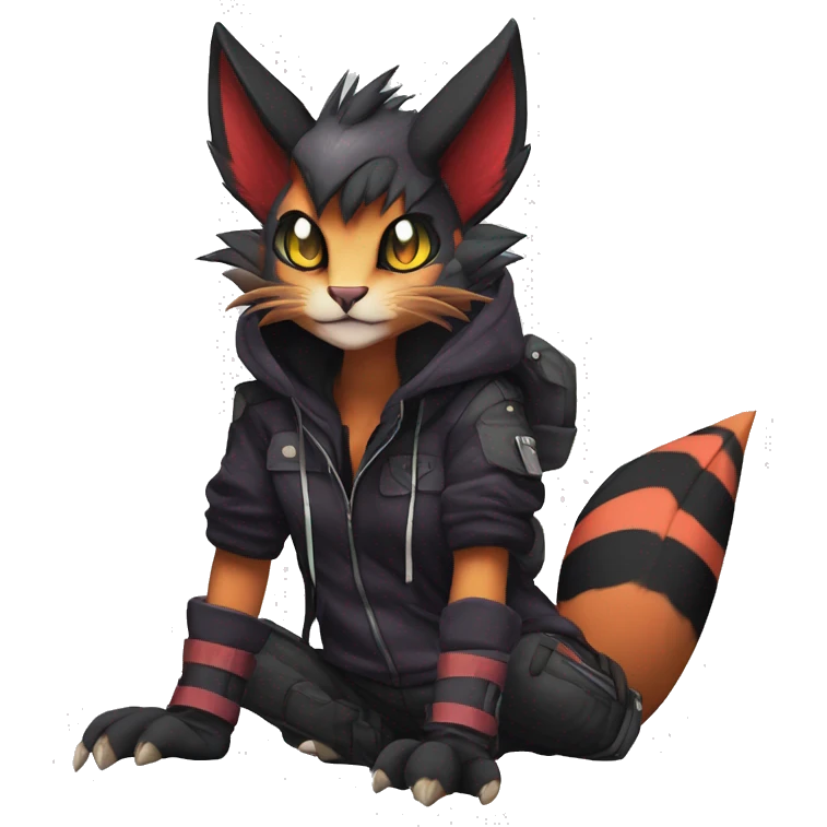 Cool Anthro Noivern-Litten-Caracal-Pokémon with edgy stripes hoodie spiked collar punk techwear Cargo Pants Full Body emoji