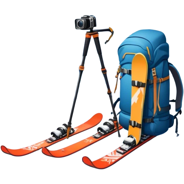  a snowy mountain peak in the landscape, with skis, a snowboard, an ice axe, a backpack and a camera. The icon should capture the adventure and exploration of mountain landscapes. Transparent background. emoji