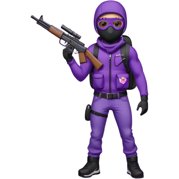YN wearing a ski mask, holding a gun, purple jeans, Sprayground bookbag, confident stance emoji