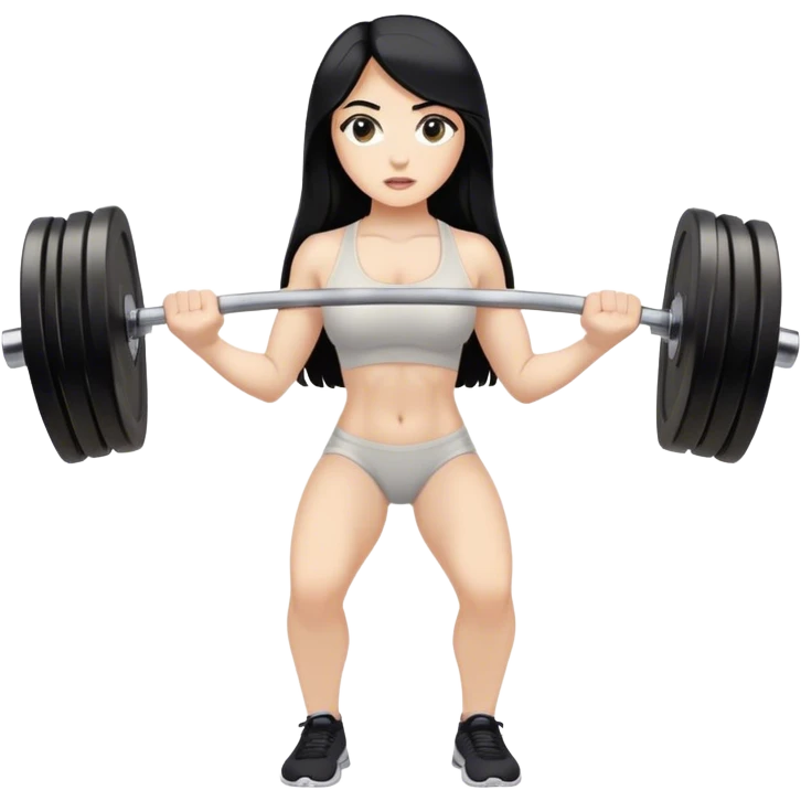 Pale girl with long black hair lifting weights emoji