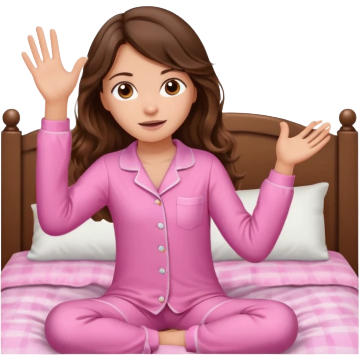 Brunette girl with long wavy brown hair with brown eyes and slapping on a withe bed with cute pink pjs emoji