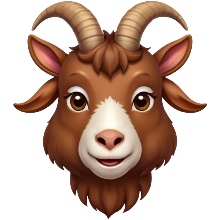 Cinematic Cute Brown Goat Portrait Emoji, Head tilted playfully and inquisitively, featuring a glossy, rich brown fur with charming curved horns, round, sparkling eyes filled with gentle curiosity, Simplified yet irresistibly adorable features, highly detailed, glowing with a warm, friendly glow, high shine, affectionate and lively, stylized with a touch of rustic whimsy, bright and endearing, soft glowing outline, capturing the essence of a mischievous yet loving goat, so playful it feels like it could trot out of the screen and into your arms! emoji