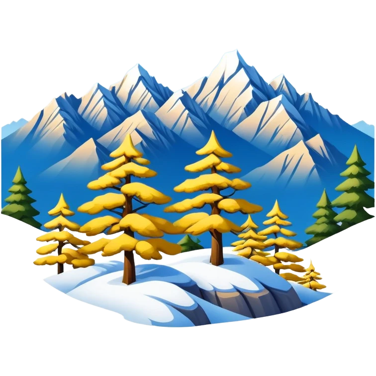 Huangshan Yellow Mountain winter snow peaks with pine trees, simplified emoji style with bold outlines and bright colors, cartoon style snowy mountains emoji