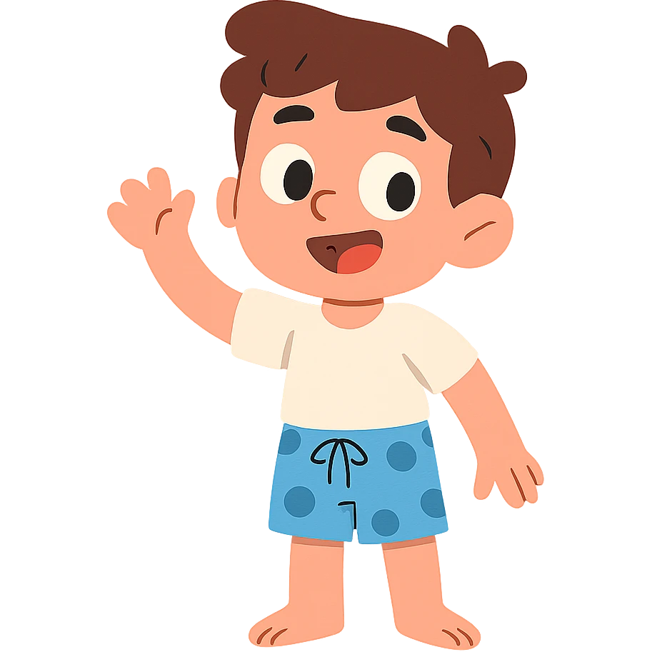 boy with brown hair, white shirt, blue swim shorts emoji