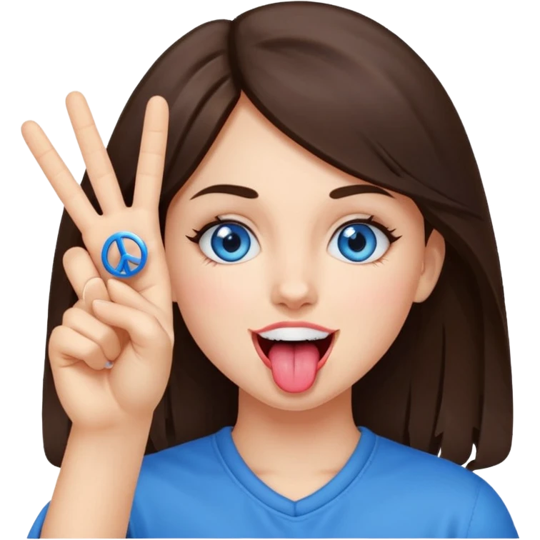 brunette girl holding 2 peace signs and ￼tongue out but make the teeth show just a little! and blue eyes  emoji
