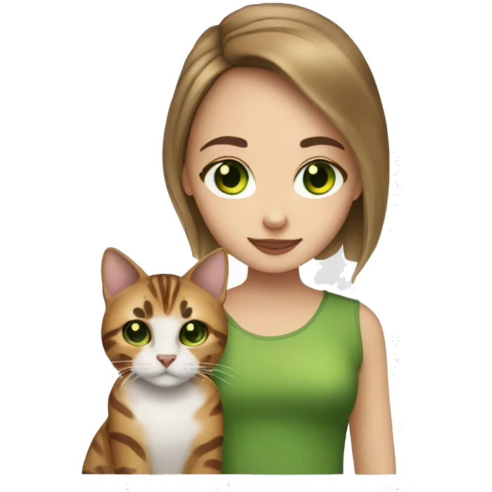 White skin girl with brown hair and a bengal cat with green eyes emoji