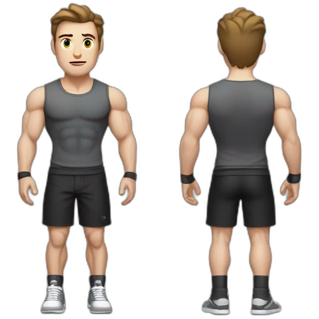 Confused Pale skinned Fit Man With the biceps and dark brown hair in black shirt, gray sports shorts and white Sneakers emoji