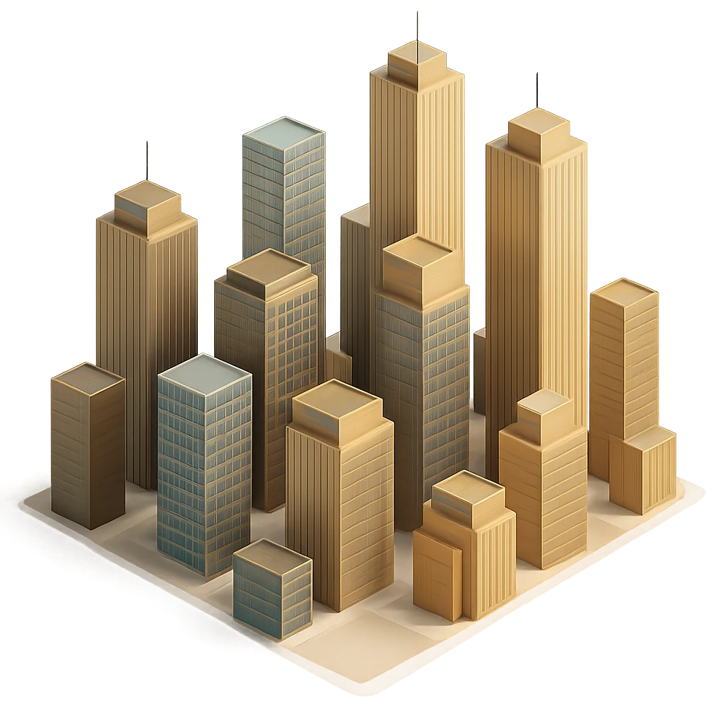 Add more skyscrapers to the scene, keeping the 3D Black style but without using black color. Use metallic and reflective surfaces, realistic lighting, and depth to enhance the cityscape. emoji