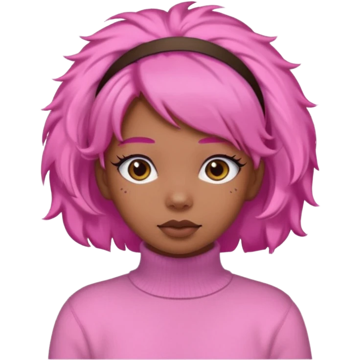 black fluffy haired girl with pink turtleneck sweater and pink hair band emoji