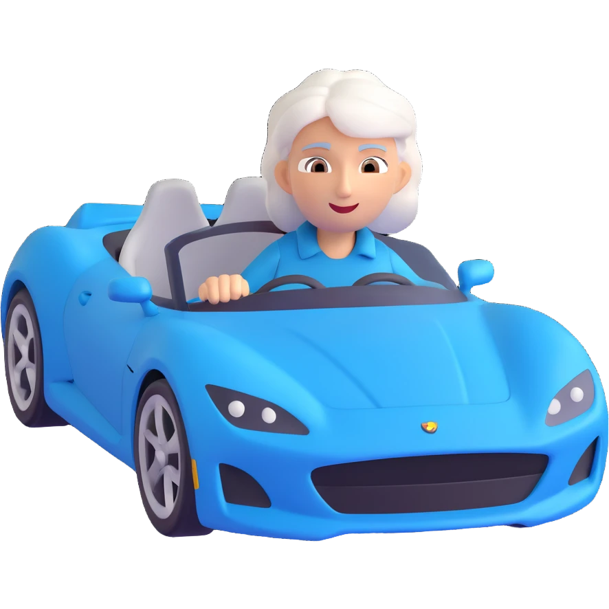 Make the mother with white hair in the blue sports car look fast and furious, add dynamic motion effects, intense expression, sporty 3D emoji style, no background emoji