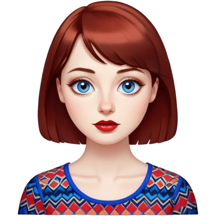 Artistic young woman with pale skin, oval face, large expressive blue eyes with eyeliner, thin arched eyebrows, small nose, full lips with red lipstick, dark auburn hair that's straight with slight waves at ends, straight bangs, wearing a bright colorful patterned top, warm creative expression emoji