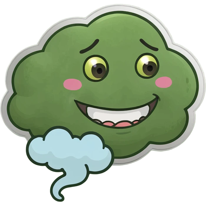 Smirking smile emoji farting with a fart cloud behind him emoji