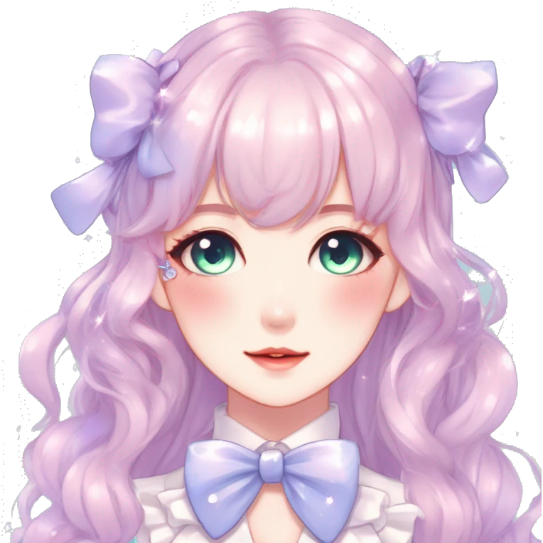 Gorgeous pastel anime style lady with blushing face with sparkly bow tie idol model cottagecore fairycore pastelcore shiny colorful pearly petite simplistic aesthetic trending style emoji