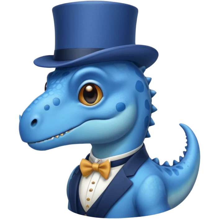 A flat blue dinosaur like 🦕 with monocle and tophat emoji