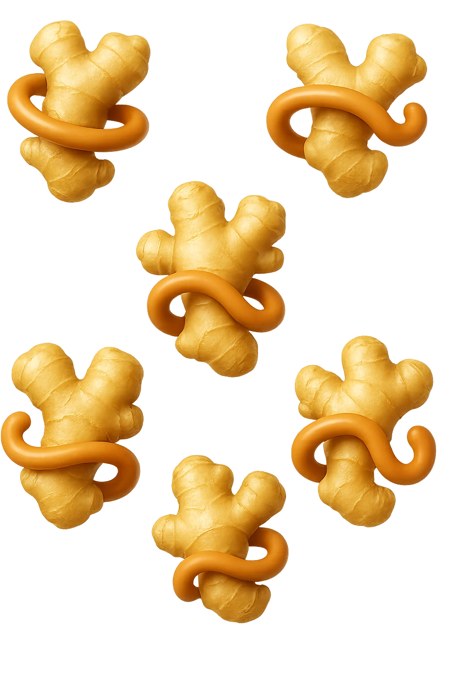 emoji stile iphone 3d di 6 piccoli pezzi di zenzero che fluttuano in aria con pezzi di colon arrotolati intorno, iperrealistico 4k emoji