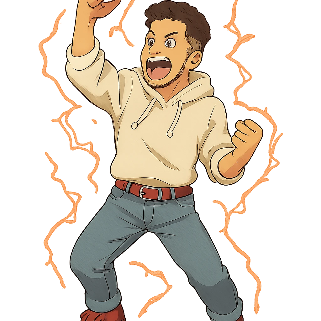 1 male, mid fade haircut dark chestnut brown curly hair, toasted lightskin, white hoodie sleeves up, fashion jeans, red fashion-sneakers shoes, red belt, short trimmed beard and goatee,  style of deku from "my hero academia" doing a "heck yeah!" exclaimation pose with red electricity emoji