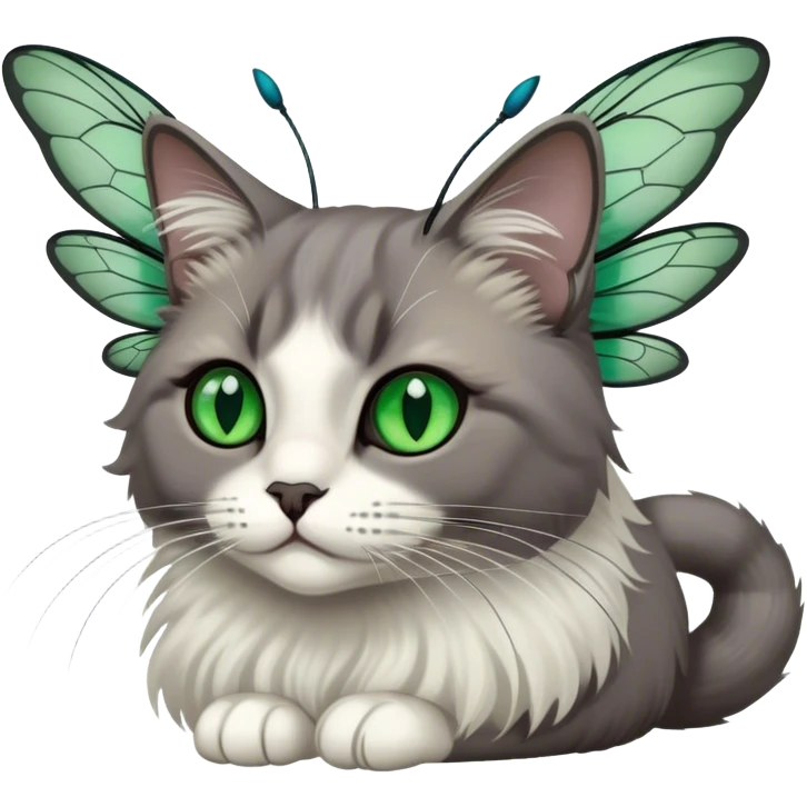 dark gray ragdoll Cat white face with dragonfly wings antennae green eyes emoji