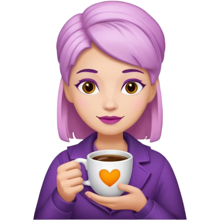 Create 3D minimalist emoji in the style of Coffee Lover — a coffee shop and roastery brand.
Style: cozy, warm.
Colors — purple-pink range.
white barista with coffee
on the form it says "Coffee Lover" emoji