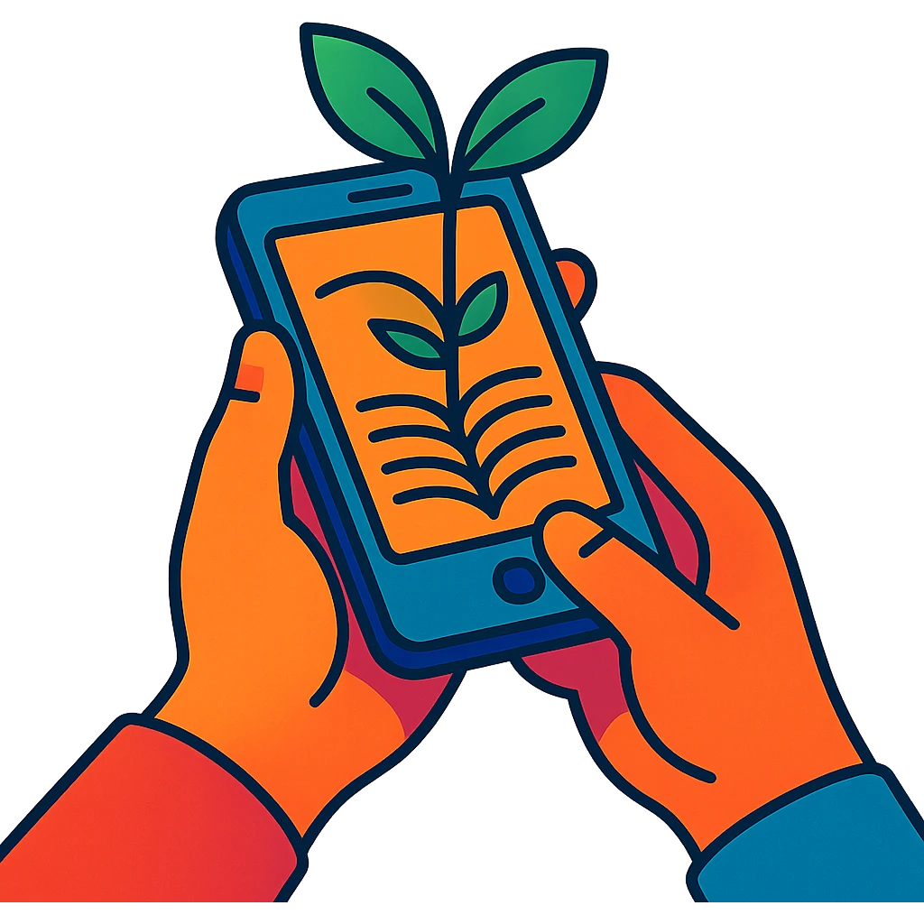hands holding a smartphone with a plant sprouting from the screen, suggesting ebook as a digital seed, illustrative and vibrant style emoji