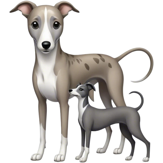 Grey and white brindle greyhound with black and white greyhound emoji