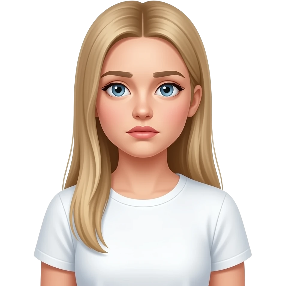 bella ragazza russa bionda capelli lisci lunghi e occhi chiari, con maglietta bianca. titubante emoji