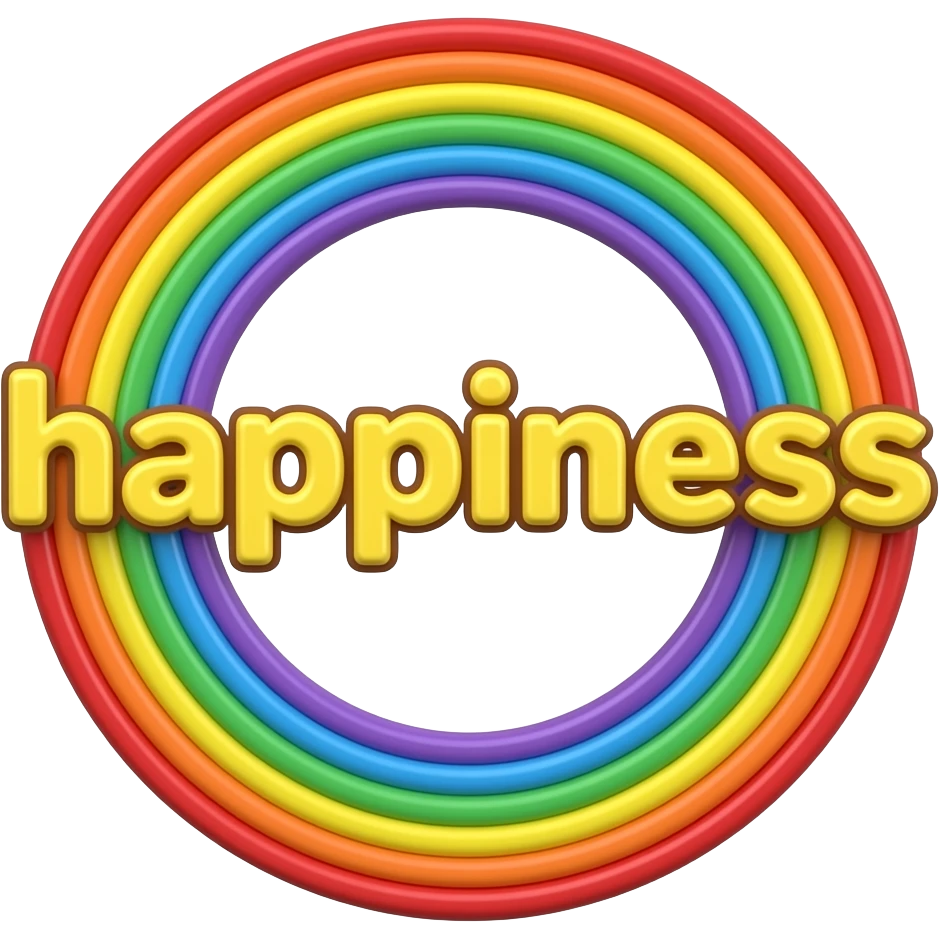 Word "happiness" in neon yellow, 3D style typography lettering, each color of the rainbow as a border outlined around each letter, isolated, 3d rendering, no emoji icons no emoji faces and must have no human figures emoji