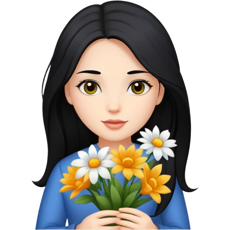 Beautiful girl with long black hair holding a bouquet of flowers emoji