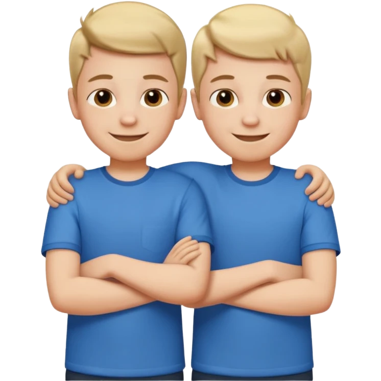 Two cartoon-style two  boy with similar features, arms around each other's shoulders, smiling, matching outfits, standing close, white background, emoji style emoji