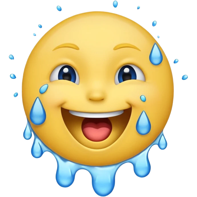 Emoji, yellow round laughing face, open mouth with Splashing blue tears from the eyes emoji