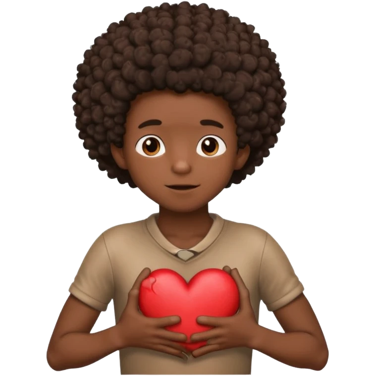 I want a black boy with chocolate skin and a small messy afro holding a heart close to his chest with his hands over the heart as if to present it to someone he loves. I want the words Aja on the heart. emoji