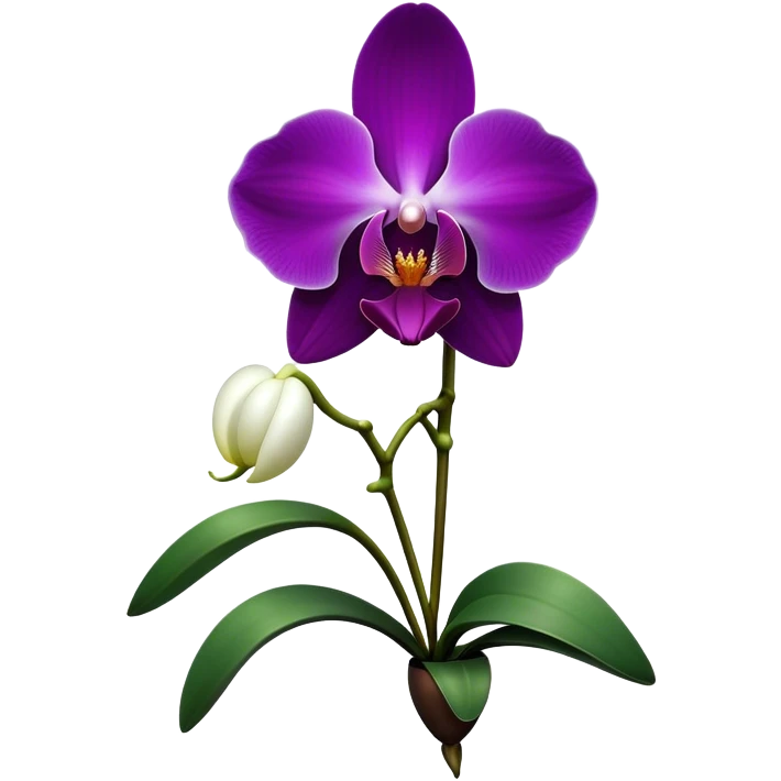 Cinematic Realistic Orchid Emoji, Exotic and elegant, with intricate, velvety petals in deep purple and white, forming a delicate and symmetrical blossom. The slender green stem holds the flower high, while surrounding leaves add lush contrast. Soft glowing outline, capturing the essence of rare beauty and sophistication in a captivating orchid. emoji
