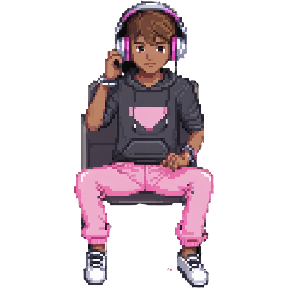 boy in pink pants sitting at a computer listening to music with headphones emoji