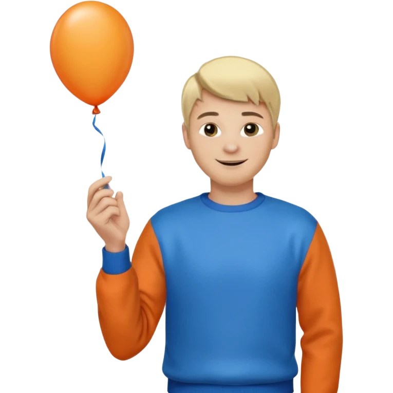 white skin, blonde hair man, orange sweater, hold blue balloon emoji
