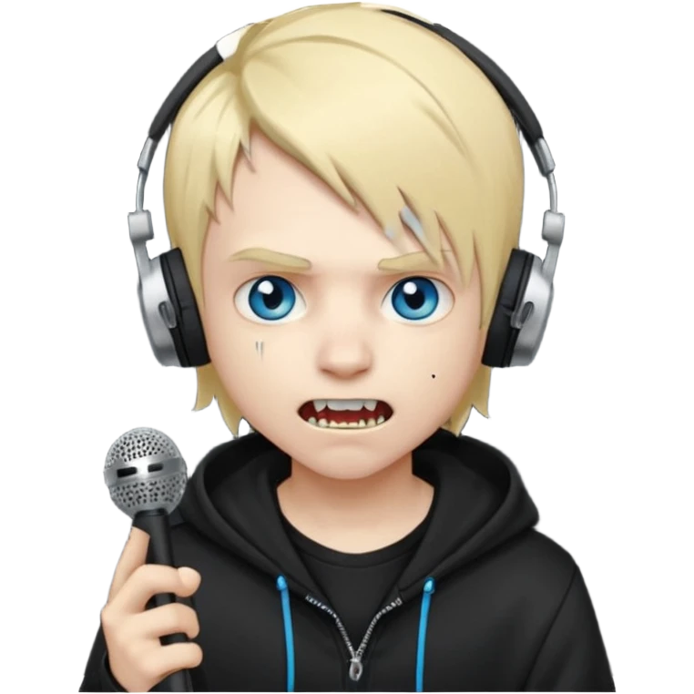 boy vampire whit blonde emo hair and eyes blue and grey skin and heandphones black AND A MICROFONE AND GOLD TEETH and agesive face and the hoodie black  emoji