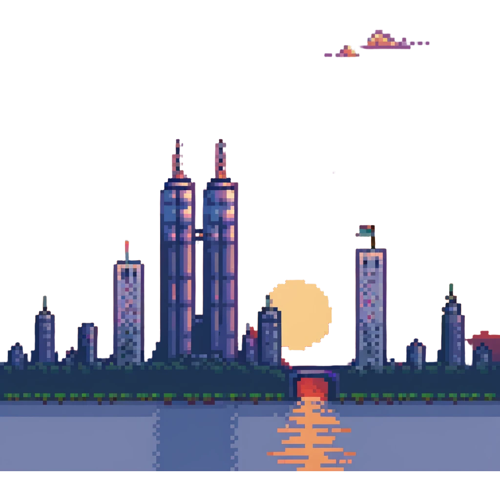 pixel art of the Twin Towers at sunset emoji