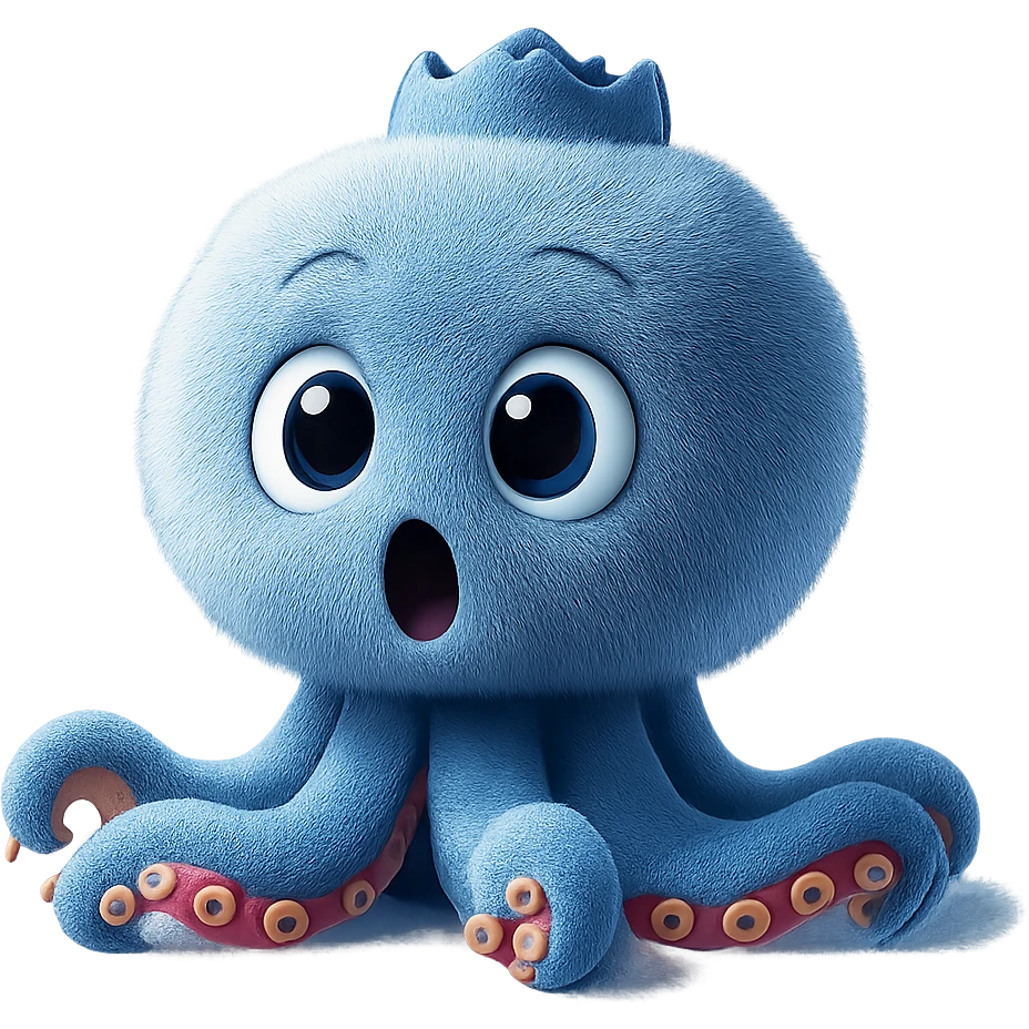Change the octopus character's face to a surprised expression, keeping the image quality and style the same, transparent background, maintain the original style and details. emoji
