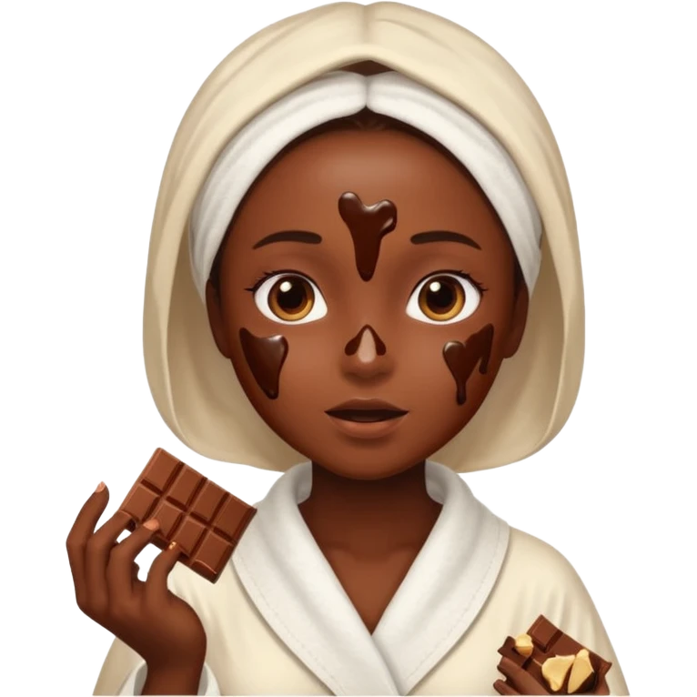 girl having facial wearing white robe, chocolate facial emoji
