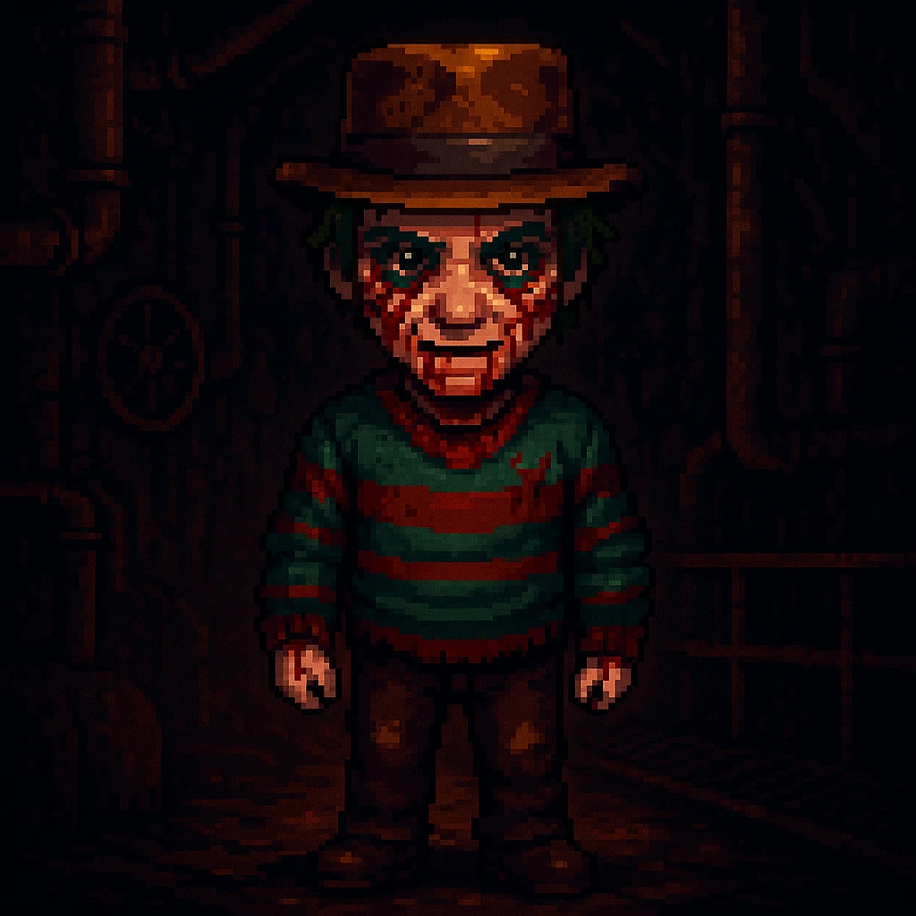 Add a spooky, nightmarish background with a boiler room and dark shadows behind Freddy Krueger, keep pixel art style emoji
