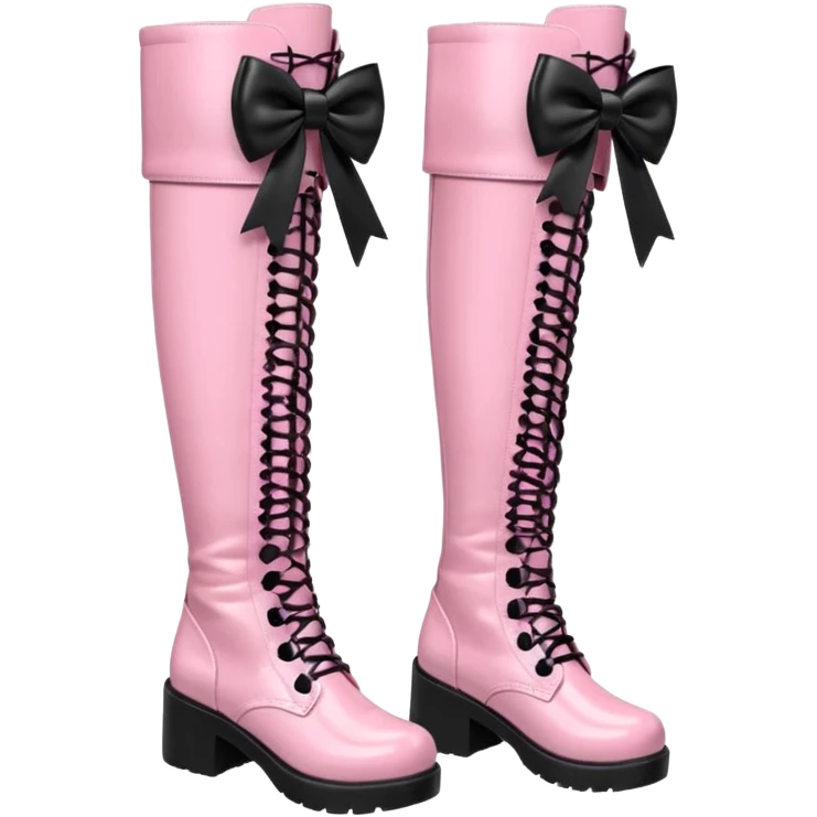 Realistic Pink kawaii style combat thigh-high boots, with black bows emoji