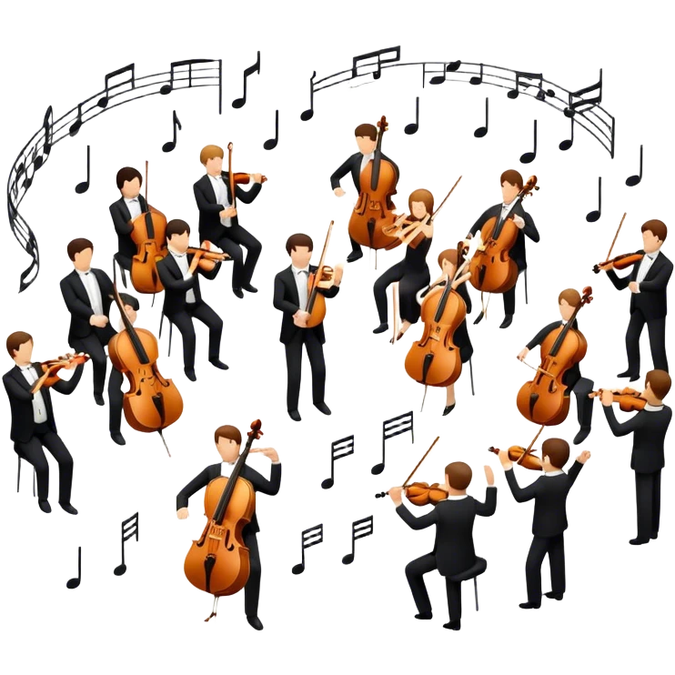 Icon for Classical Music: symphonic orchestra with musicians playing violins, cellos, and flutes, led by a conductor with a baton. Musical notes float around, capturing the elegance and harmony of classical music. Transparent background. emoji