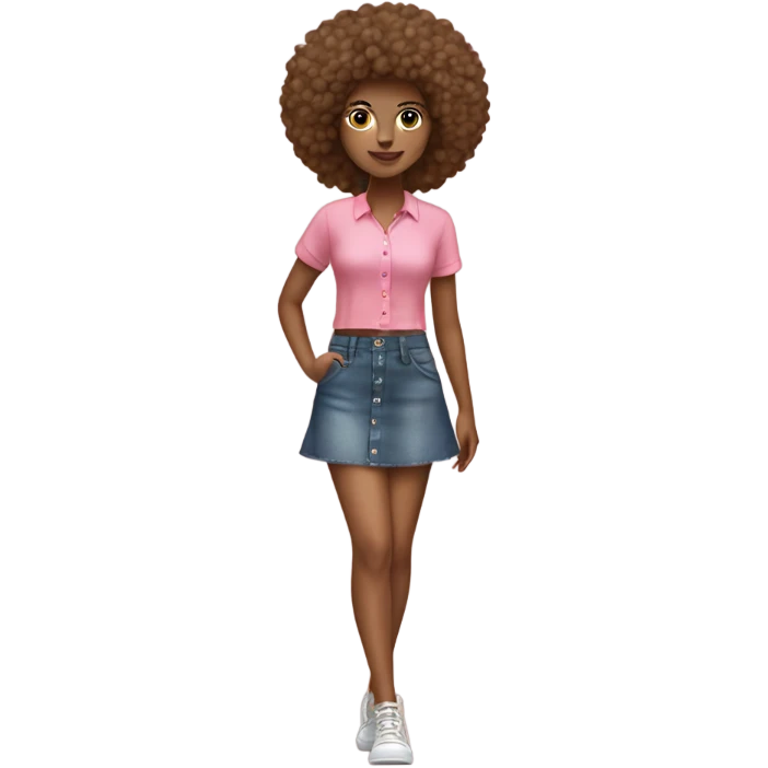 Tan girl with Afro and pink button top and jean skirt full body emoji