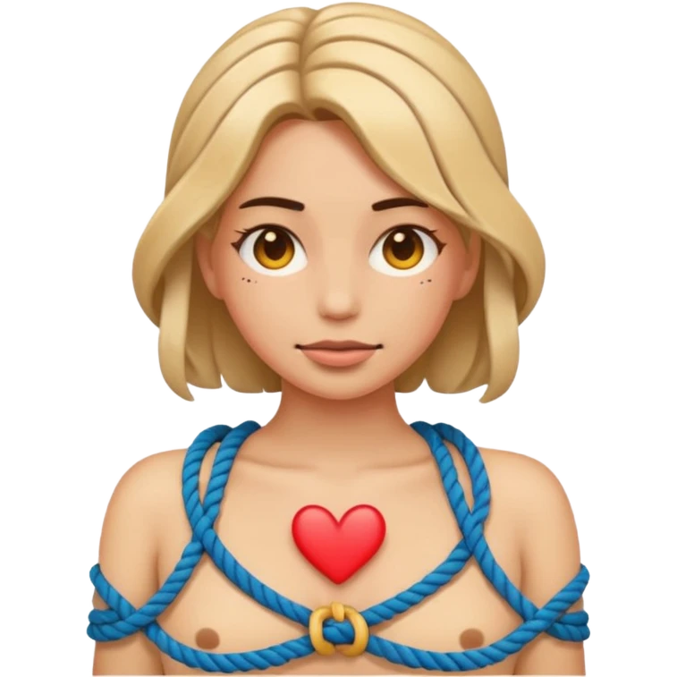 woman bound with rope around her chest, blissed face, emoji style emoji