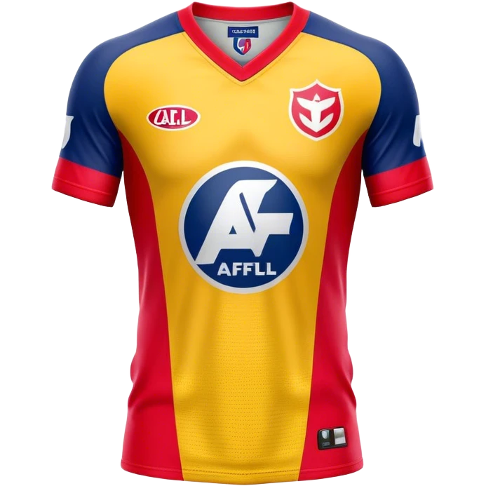 Cinematic Realistic image of an AFL jersey rendered in vibrant team colors with detailed fabric textures and dynamic creases, illuminated by bold, stadium lighting that accentuates its sporty character emoji