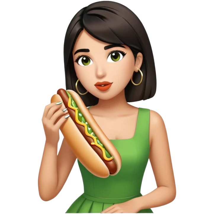 Create a picture of Dua Lipa in this green dress eating hot dogs emoji