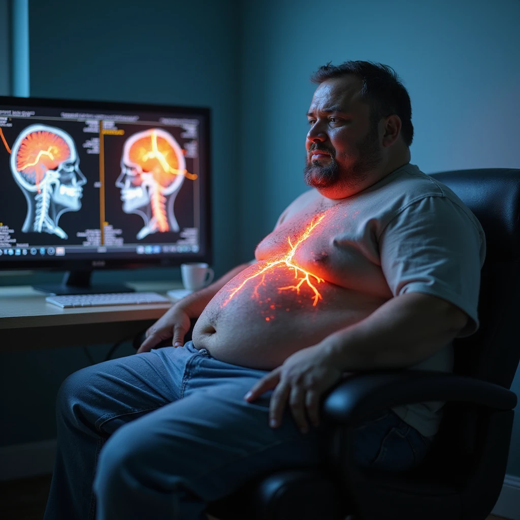 hyper-realistic medical CGI of an obese man sitting in a doctor's office with a brain scan on a monitor behind him showing inflamed hippocampus in red, shrunken prefrontal cortex, yellow lightning for glucose spikes, black amyloid plaques, constricted blood vessels, 4K clinical emoji