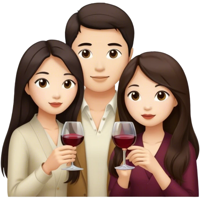 Long hair brunette asian girl and brunette Asian male couple drinking wine. Only 2 people. emoji